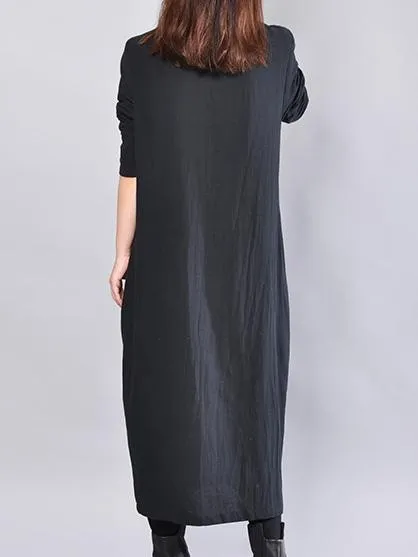 Women Solid Crew Neck Casual Loose Cotton Embroider Dress