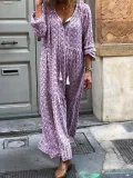 Women Shift Boho Floral Maxi Dresses Long Sleeve V Neck Daily Dresses