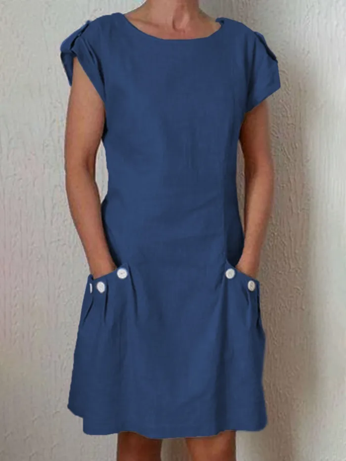 Women Casual Linen Dress Short Sleeve Pockets Buttoned Summer Dresses