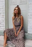 Coffee Polka Dots Round Neck Casual Maxi Dresses