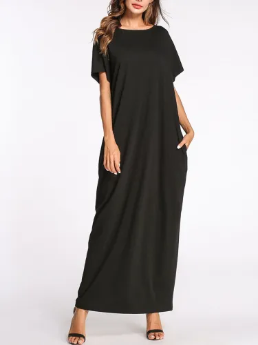 Women Plus Size Black Boat Neck Pockets Solid Bow Shift Maxi Dress