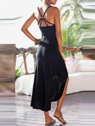 Spaghetti Strap  Cross Straps  Curved Hem  Plain Maxi Plus Size Dress