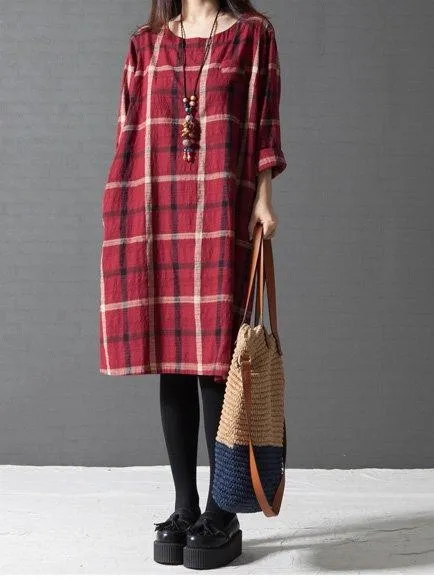 Long Sleeve Women Loose Linen Cotton Plaid Casual Dress