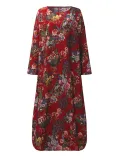 Crew Neck Long Sleeve Floral Printed Plus Size Dress