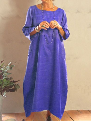 Khaki Cotton-Blend Casual Plain Crew Neck Dresses
