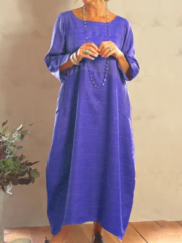 Khaki Cotton-Blend Casual Plain Crew Neck Dresses