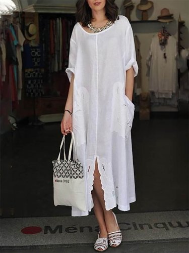 White Half Sleeve Slit Casual Dress