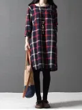 Long Sleeve Women Loose Linen Cotton Plaid Casual Dress
