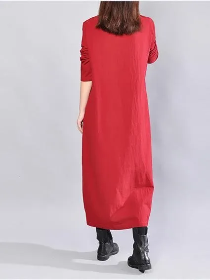 Women Solid Crew Neck Casual Loose Cotton Embroider Dress