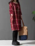 Long Sleeve Women Loose Linen Cotton Plaid Casual Dress