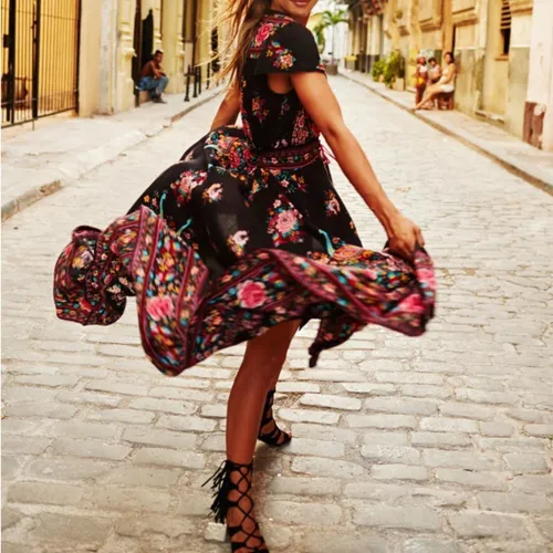 Spring Sexy V Collar Short-Sleeved Retro Printed Expansion Vacation Plus Size Dress