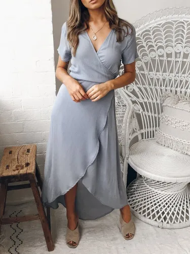 Women Cotton V Neck Solid Basic Summer Dress