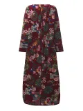 Crew Neck Long Sleeve Floral Printed Plus Size Dress