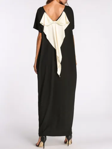 Women Plus Size Black Boat Neck Pockets Solid Bow Shift Maxi Dress