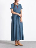 Blue Short Sleeve Crew Neck Linen Dresses