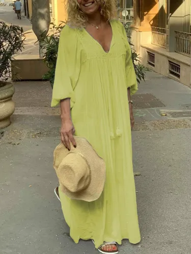 Solid V Neck Casual Dresses