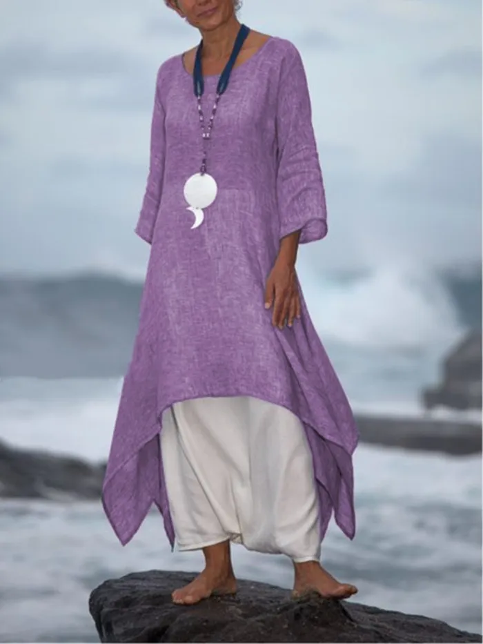 Plus Size Women Linen Dress Casual Asymmetric  Crew Neck Summer Dresses