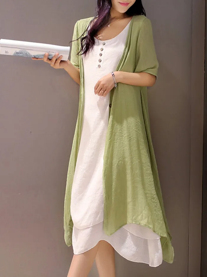 Crew Neck Two Piece Buttoned Casual Dress