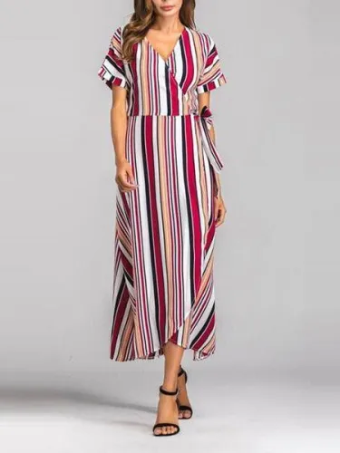 Rainbow Multicolor Stripes Beach Swing V-Neck Maxi Plus Size Dress