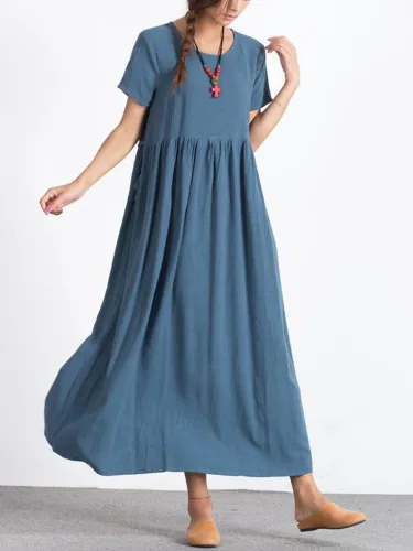 Blue Short Sleeve Crew Neck Linen Dresses