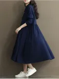 Long Sleeve Women Casual Loose Linen Cotton Solid Dress