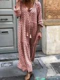 Women Shift Boho Floral Maxi Dresses Long Sleeve V Neck Daily Dresses