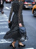Plus Size Women Date Chiffon Long Sleeve Elegant Paneled Polka Dots Maxi Dress