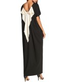 Women Plus Size Black Boat Neck Pockets Solid Bow Shift Maxi Dress
