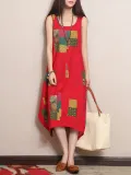 Plus Size Spaghetti Linen A-line Printed Maxi Dress