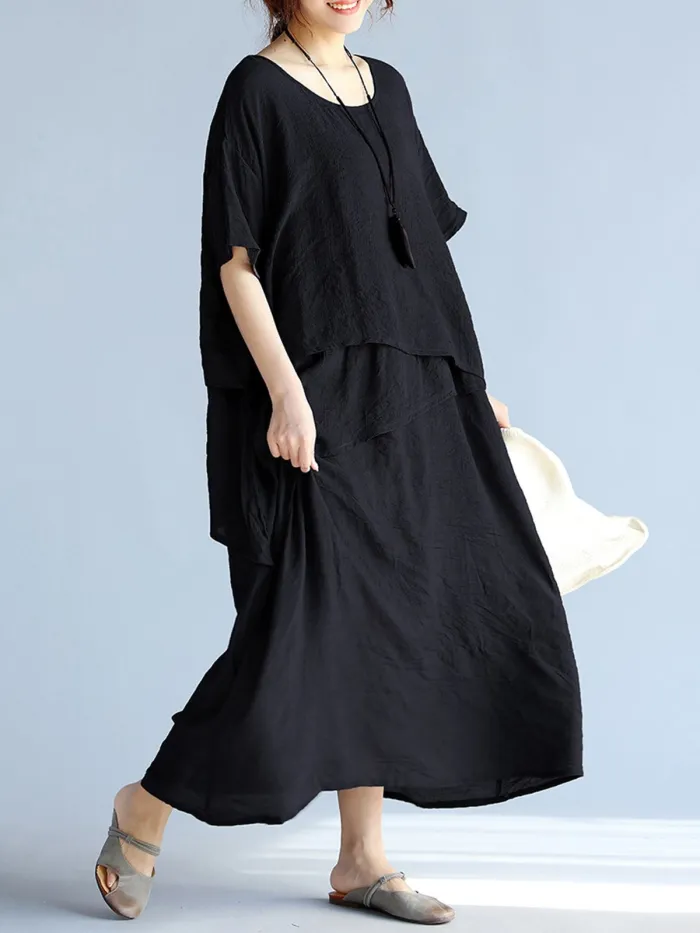 Casual Crew Neck Half Sleeve H-line Solid Maxi Linen Dress