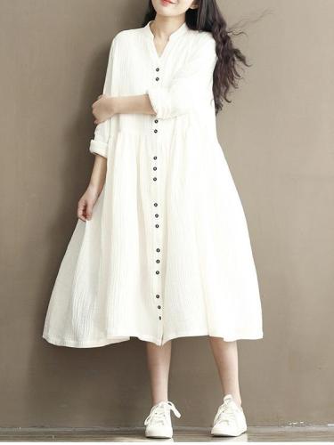 Long Sleeve Women Casual Loose Linen Cotton Solid Dress