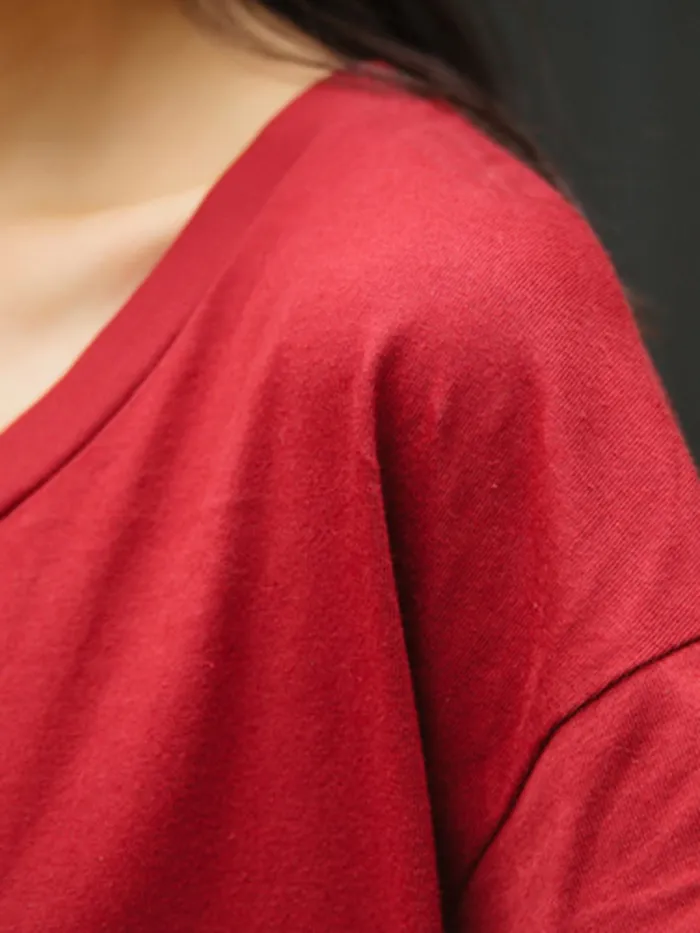 Plus Size Crew Neck Women Red Dress Shift Daytime Pockets Casual Maxi Dress