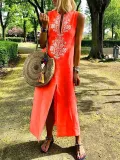 Sleeveless Geometric Casual Linen Maxi Dresses