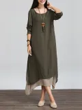 Long Sleeve Linen Cotton Crew Neck Casual Plus Size Dress