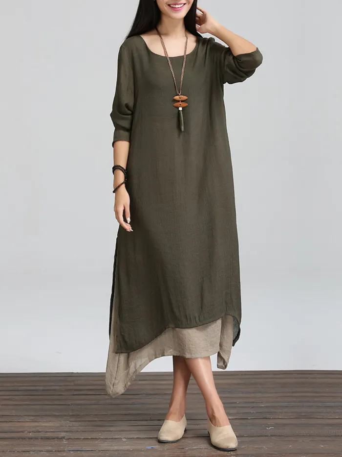 Long Sleeve Linen Cotton Crew Neck Casual Plus Size Dress