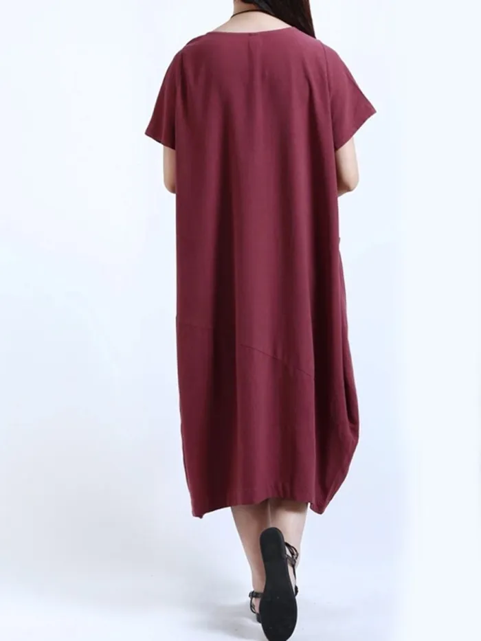 Round Neck  Patch Pocket  Plain  Cotton/Linen Maxi Plus Size Dress