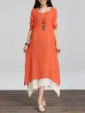 Long Sleeve Linen Cotton Crew Neck Casual Plus Size Dress