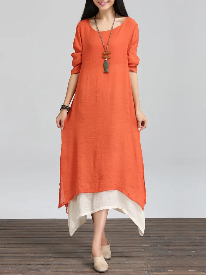 Long Sleeve Linen Cotton Crew Neck Casual Plus Size Dress