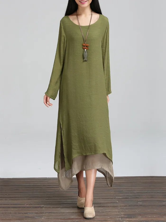 Long Sleeve Linen Cotton Crew Neck Casual Plus Size Dress