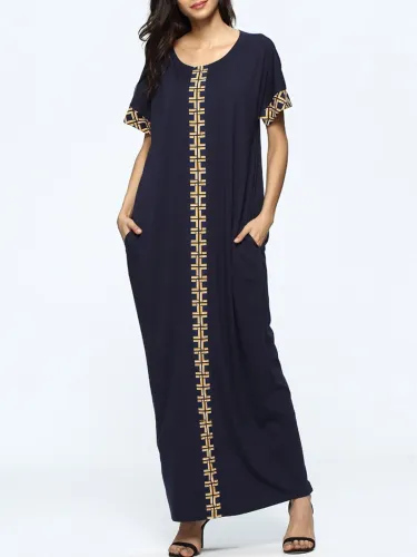 Navy Blue Tribal Crew Neck Casual Pockets Dress