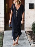 Solid V Neck Buttoned Casual Maxi Dresses
