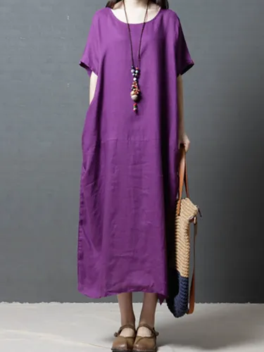 Women Pockets Casual Dress Shift Daily Short Sleeve Solid Dress