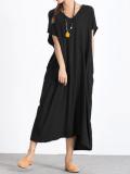 Casual Pure Color Button Back Short Sleeve Loose Dresses For Women