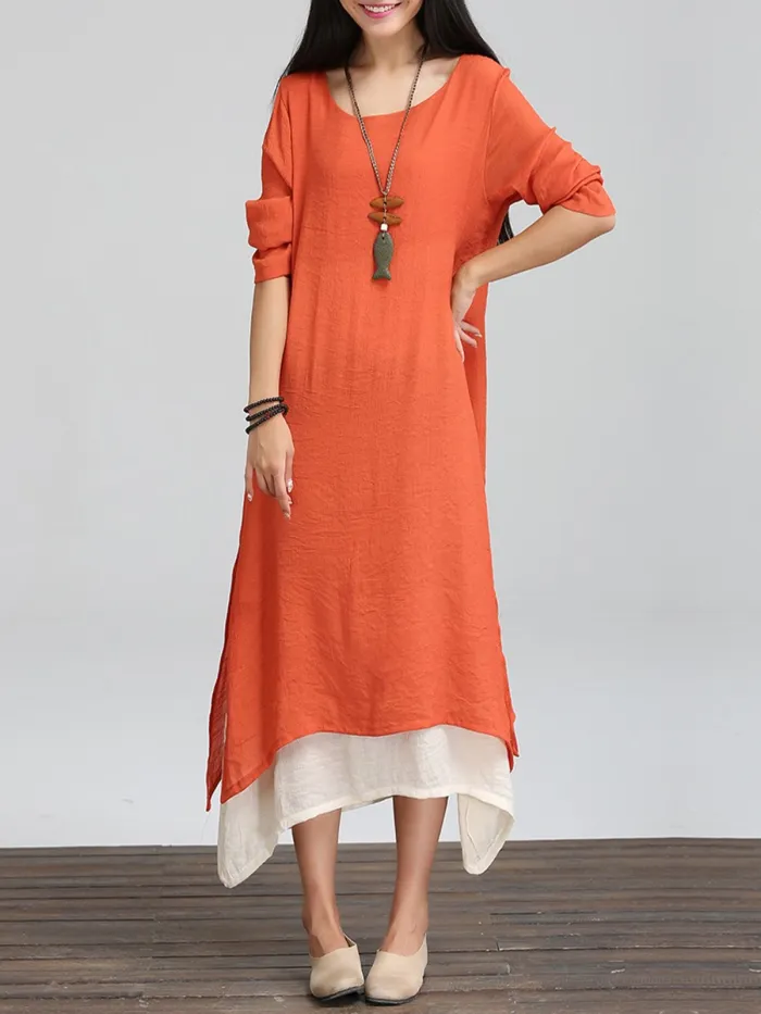 Long Sleeve Linen Cotton Crew Neck Casual Plus Size Dress