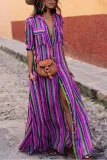 Button Down Collar Stripes Roll Up Sleeve Half Sleeve Maxi Plus Size Dress