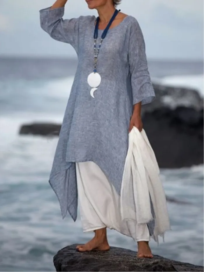 Plus Size Women Linen Dress Casual Asymmetric  Crew Neck Summer Dresses