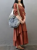 Plus Size Crew Neck Women Dress Asymmetrical Daytime Solid Linen Maxi Dress