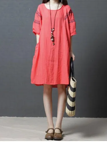 Casual Half Sleeve Linen Mini Dress