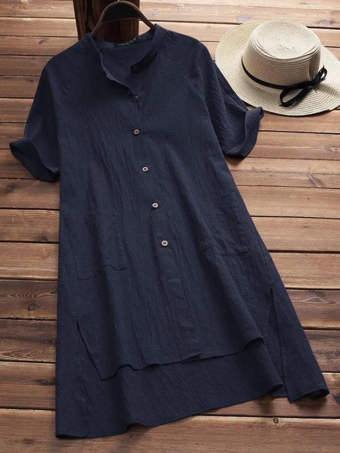 Casual Solid Buttoned Cotton Casual Dress