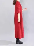 Women Solid Crew Neck Casual Loose Cotton Embroider Dress